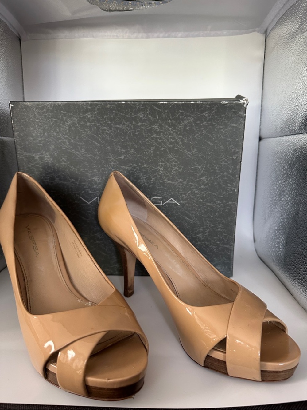 Via Spiga Nude Patent Peep-Toe Heels
